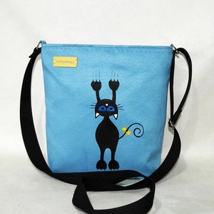 BLUE MESSAGE BAG WITH A CAT / 女の子用ハンドバッグ / 手描きバッグ /