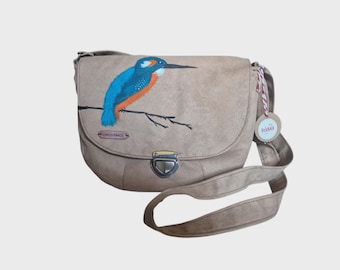 Beige schoudertas met ijsvogelmotief