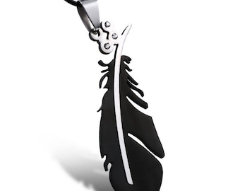 Punk gothic metal necklace pendant / black  feather  pendant / stainless steel pendant / goth necklace / rock necklace
