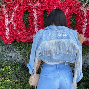 Bride Wedding Bachlorette Wifey Mrs Mr Custom Fringe Acid Wash Crop Denim Jean Jacket Gift