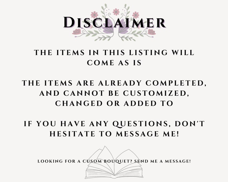 Disclaimer: The items in this listing will come as is. The items are already completed and cannot be customized, changed or added to. If you have any questions, don't hesitate to message me! Looking for a custom bouquet? Send me a message!