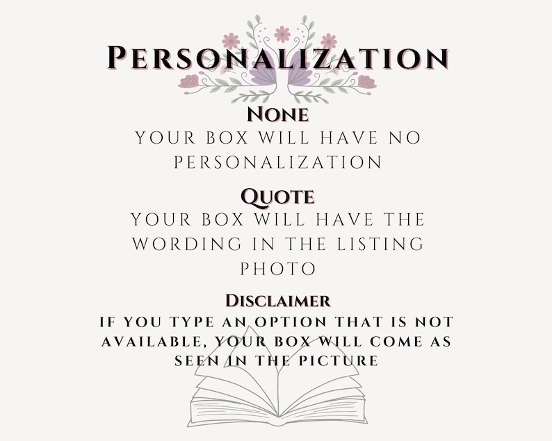 Personalization: None - Your box will have no personalization. Quote - Your box will have the wording in the listing photo. Disclaimer - If you type an option that is not available, your box will come as seen in the picture.