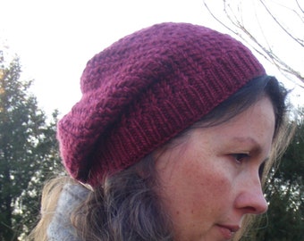 READY TO SHIP-Womens Merino Wool Hand Knit Beret Slouchy Hat - Ethically Sourced - Berry-Wine-Burgundy-Maroon- Gift for Mom Wife Girlfriend