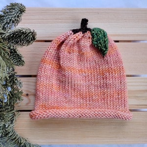 May include: A knitted peach-colored hat with orange stripes and a green leaf on top, resembling a pumpkin.
