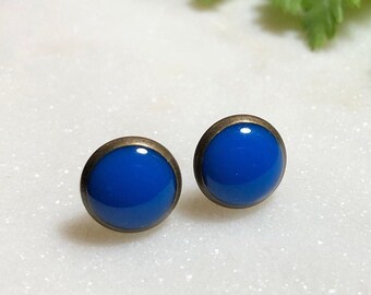 Blue Round Studs - Bronze Earrings - Blue Earrings - Small Studs