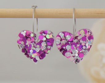 Heart Earrings, Pink Love Heart Drop Earrings, Sparkly Heart Earrings, Glittery Drop Earrings, Resin Heart Earrings
