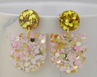 Gold Drop Earrings, Dangle Earrings, Clip on Earrings, Handmade Resin Earrings, Evening Earrings, Glam Earrings
