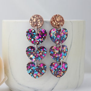 Love Heart Drop Earrings, Sparkly Glitter Dangle Earrings, Clip on Earrings, Handmade Resin Jewellery, Resin Earrings