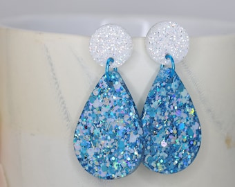 Blue Teardrop Earrings, Handmade Jewelry, Clip on Earrings, Handmade Resin Jewellery, Blue Earrings, Blue Statement Earrings