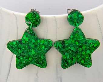 Green Glitter Star Dangle Earrings, Handmade Christmas Jewelry