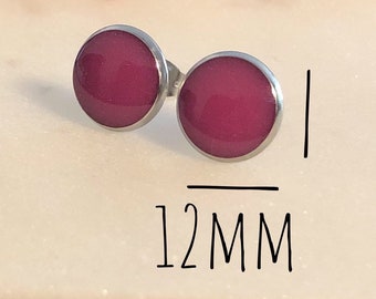 Handmade Pink Resin Stud Earrings, Stainless Steel (12mm)