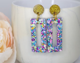 Gold Glitter Resin Earrings, Clip on Earrings, Handmade Resin Jewellery, Gold Earrings, Handmade Drop Earrings, Blue Earrings, Pink Earrings