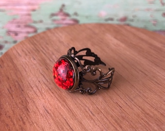 Red Glittery Filigree Adjustable Antique Bronze Ring