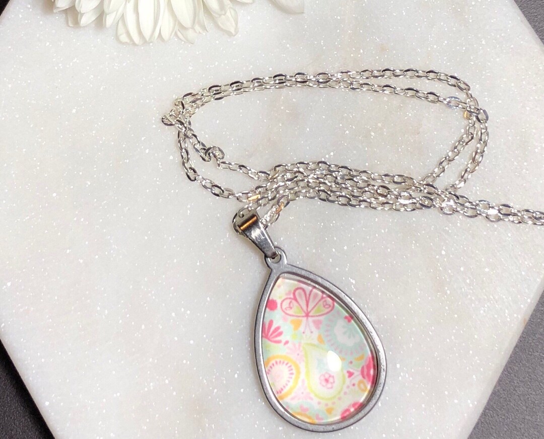 Teardrop Necklace. Glass Dome Necklace. Stainless Steel. Everyday Necklace. Pastel Pattern
