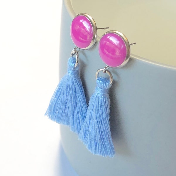 Bright Pink Tassel Earrings. Blue Tassels. Simple Earrings. Boho Earrings. Dangle Earrings