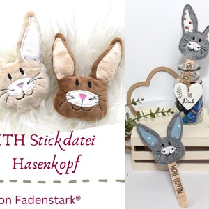 Könnte beinhalten: Zwei braune Hasenkopf-Plüschtiere mit gestickten Gesichtern und ein graues Hasenkopf-Plüschtier mit gestickten Gesichtern und roten Punkten. Der graue Hase ist an einem Holzstab befestigt, auf dem der Text "Frohe Ostern" steht. Der Text "ITH Stickdatei Hasenkopf von Fadenstark" (ITH Stickdatei Hasenkopf von Fadenstark) befindet sich am unteren Rand des Bildes.