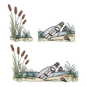 Peut inclure: Deux illustrations d'une bouteille en verre avec un bouchon et un morceau de papier roulé à l'intérieur, à moitié enterrée dans le sable sur une plage. La bouteille est sur le côté droit de l'image et il y a des roseaux verts et une étendue d'eau bleue sur le côté gauche de l'image. Il y a un petit voilier blanc et un coquillage brun dans le sable.