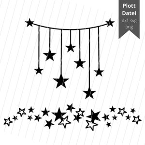 Könnte beinhalten: Schwarz-weiße Silhouette einer Sternenkette, die an einer Linie hängt. Unter der Sternenkette befindet sich eine Reihe kleinerer Sterne.