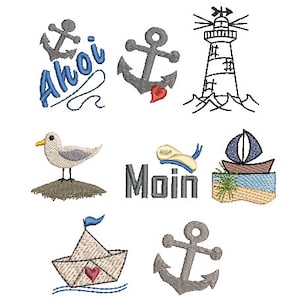 Può includere: Un set di disegni di ricamo a tema nautico con ancore, un faro, una barca a vela, un gabbiano e le parole "Ahoy" e "Moin".