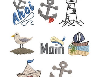 Może przedstawiać: Zestaw wzorów hafciarskich o tematyce marynistycznej z kotwicami, latarnią morską, żaglówką, mewą i napisami "Ahoy" i "Moin".
