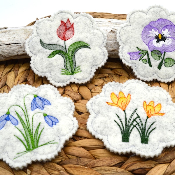 Embroidery file coaster crocus tulip snowdrop pansy