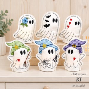 May include: Six white felt ghost ornaments with embroidered details. Three ghosts are plain with blue flowers, black bats, or red hearts. Three ghosts wear pointed hats in green, blue, or purple, featuring stars, a broom, a spiderweb, and keys.