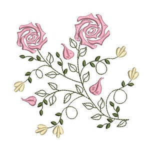 Puede incluir: Un diseño floral bordado con tres rosas rosas y hojas verdes. Las rosas son rosas y las hojas son verdes. El diseño está sobre un fondo blanco.