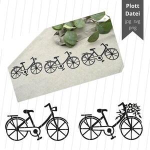 Pode incluir: Quatro bicicletas pretas em silhueta de tamanhos diferentes, com a bicicleta maior no centro. As bicicletas estão em uma bolsa de lona cinza claro. Abaixo da bolsa de lona, há duas bicicletas pretas em silhueta, uma com uma cesta de flores. O texto "Plott Datei jpg svg png" está no canto superior direito da imagem.