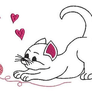May include: A white cat with pink ears plays with a pink yarn ball. Three pink hearts float above the cat.
