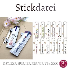 May include: An embroidery design file set featuring rectangular pen holders with snap closures. The designs include German text such as Rot-Stift, Lehrerin mit, DANKE, Mein Stift, Viel Erfolg, Kollege mit, Kollegin mit, Korrektur, and für Kreuzworträtsel.