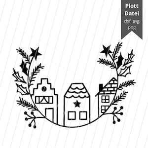 May include: Black and white illustration of three houses with a star on top of each house. The houses are surrounded by a wreath of holly and pine branches.