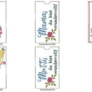 May include: Five printable designs for Mother's Day gift tags. The designs feature floral elements, hearts, and the text "Mama" and "Mutti" in blue and green.