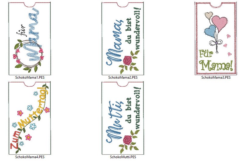 May include: Five printable designs for Mother's Day gift tags. The designs feature floral elements, hearts, and the text "Mama" and "Mutti" in blue and green.