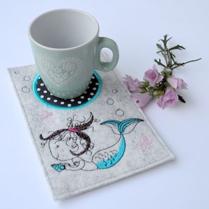 Embroidery file mug rug coaster mermaid 13 x 18 cm and 13 x 20 cm