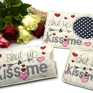 Embroidery file Valentine&#39;s Day Mug Rug chocolate shell hearts shut up and kiss me
