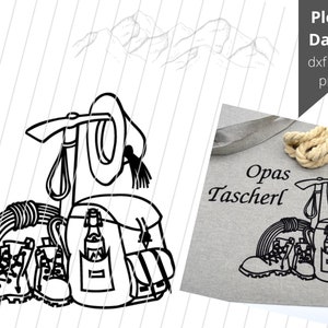 Puede incluir: Ilustración en blanco y negro de línea de una mochila de senderismo, botas, cuerda y un piolet. El texto "Opa's Tascherl" está escrito debajo de la ilustración.