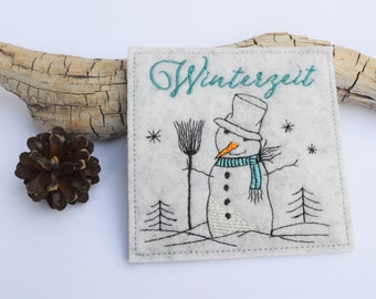 Embroidery file snowman ITH Coaster Mugrug 10 x 10 cm