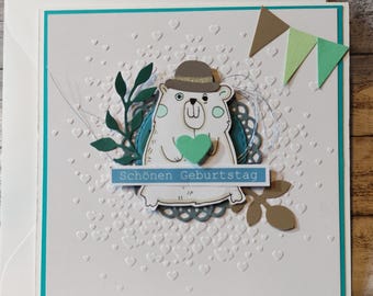 Children's birthday card, children's birthday card, bear hearts