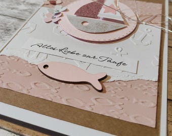 Christening card for a girl, pink ship and fish