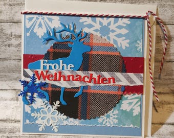 Christmas card deer snowflakes blue red