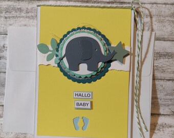 Karte Geburt Junge - mit Elefant Babykarte gelb