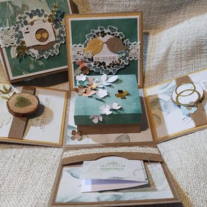 Explosionsbox Hochzeit Geldgeschenk Geschenk Hochzeitsgeschenk handgemacht Kraftpapier romantisch Unikat quadratisch gold Blätter Vintage