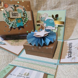 Explosionsbox Baby Geschenk Geburt Geldgeschenk Babygeschenk Junge türkis besondere Geschenke handgemacht