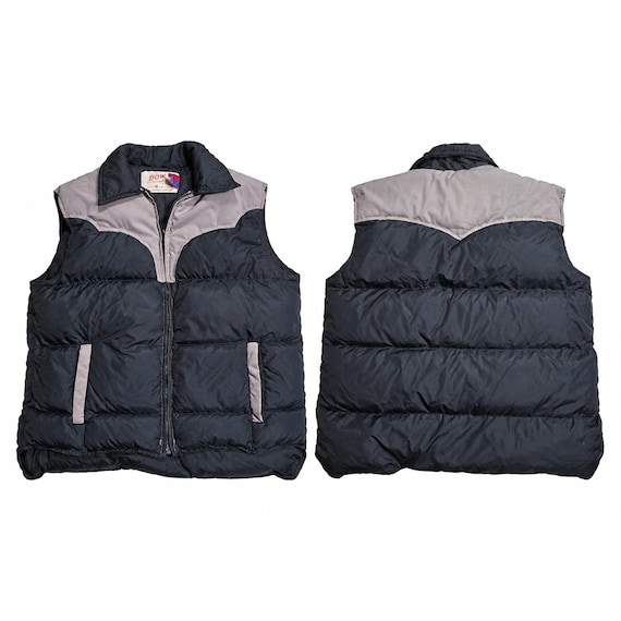 Schott, Vintage Schott NYC Goose Down Puffer Vest Black Grey Western Yoke Mens L USA