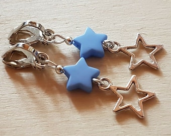 Children's ear clips clips with stars blue silver