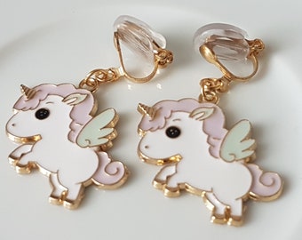 Children's ear clips light gold colored pony with horn and wings