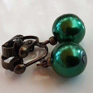 Bronze ear clips with 12 mm green beads image 2