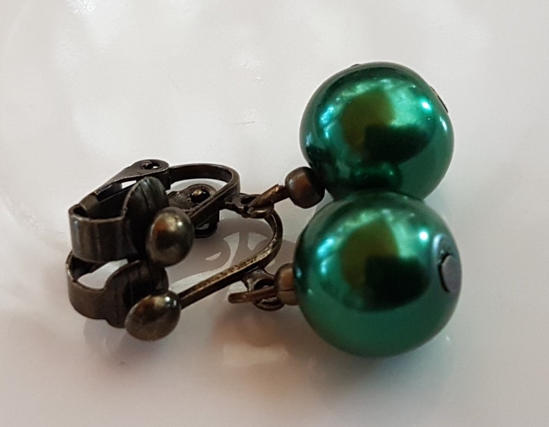 Bronze ear clips with 12 mm green beads image 2