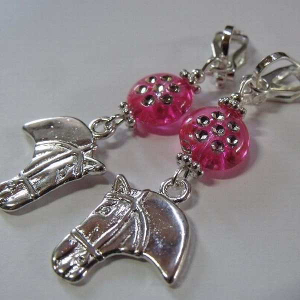 Kinderohrclips With horse's head and glitter beads pink