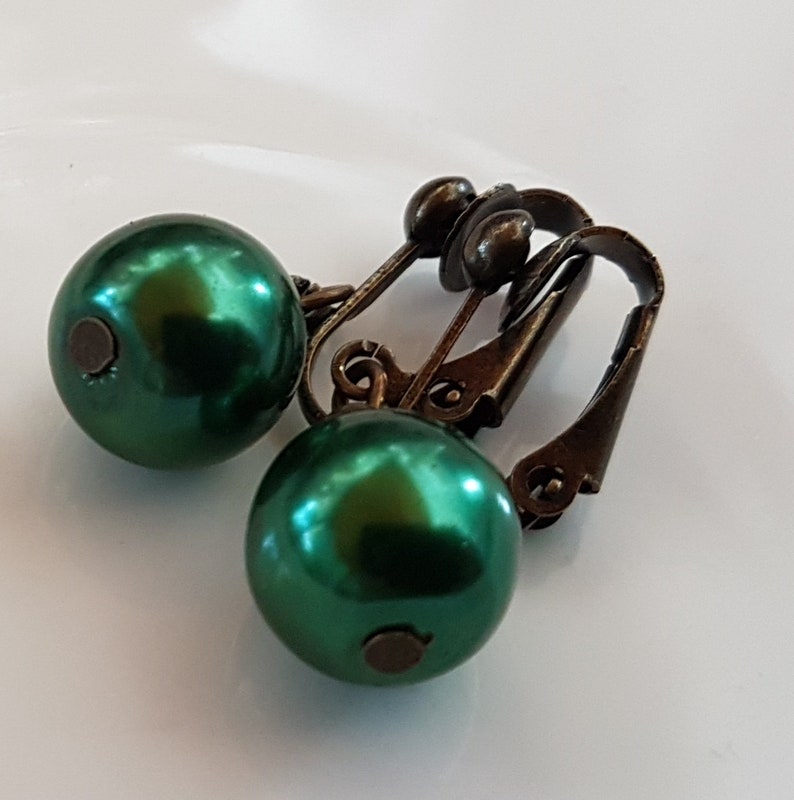 Bronze ear clips with 12 mm green beads image 1